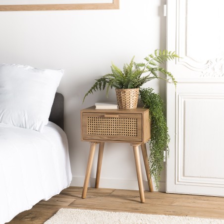 SECOND HAND - RODRIGO - Natural-colored bedside table with 1 drawer and cane detailing