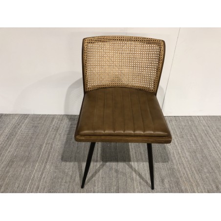 MARCEL Set of 2 Mango Wood Chairs - Padded Leather Seat & Rattan Backrest