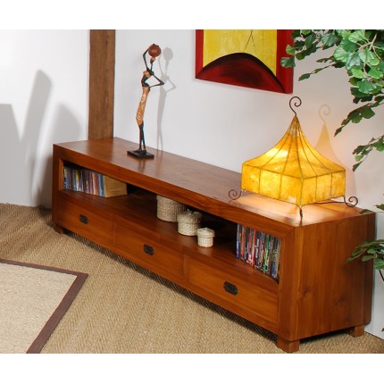 Brown TV cabinet with 3 teak wood drawers | Second-hand
