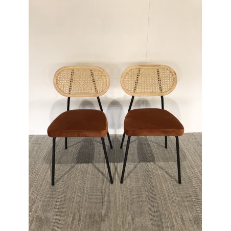 2 orange rattan and velvet chairs - Second-hand