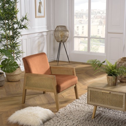 Orange velvet armchair with wooden legs and rattan armrests | Second Hand