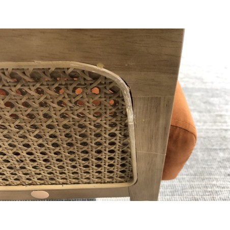 Orange velvet armchair with wooden legs and rattan armrests | Second Hand