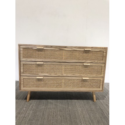 Natural-coloured wooden chest of drawers with 3 cane drawers | Second Hand
