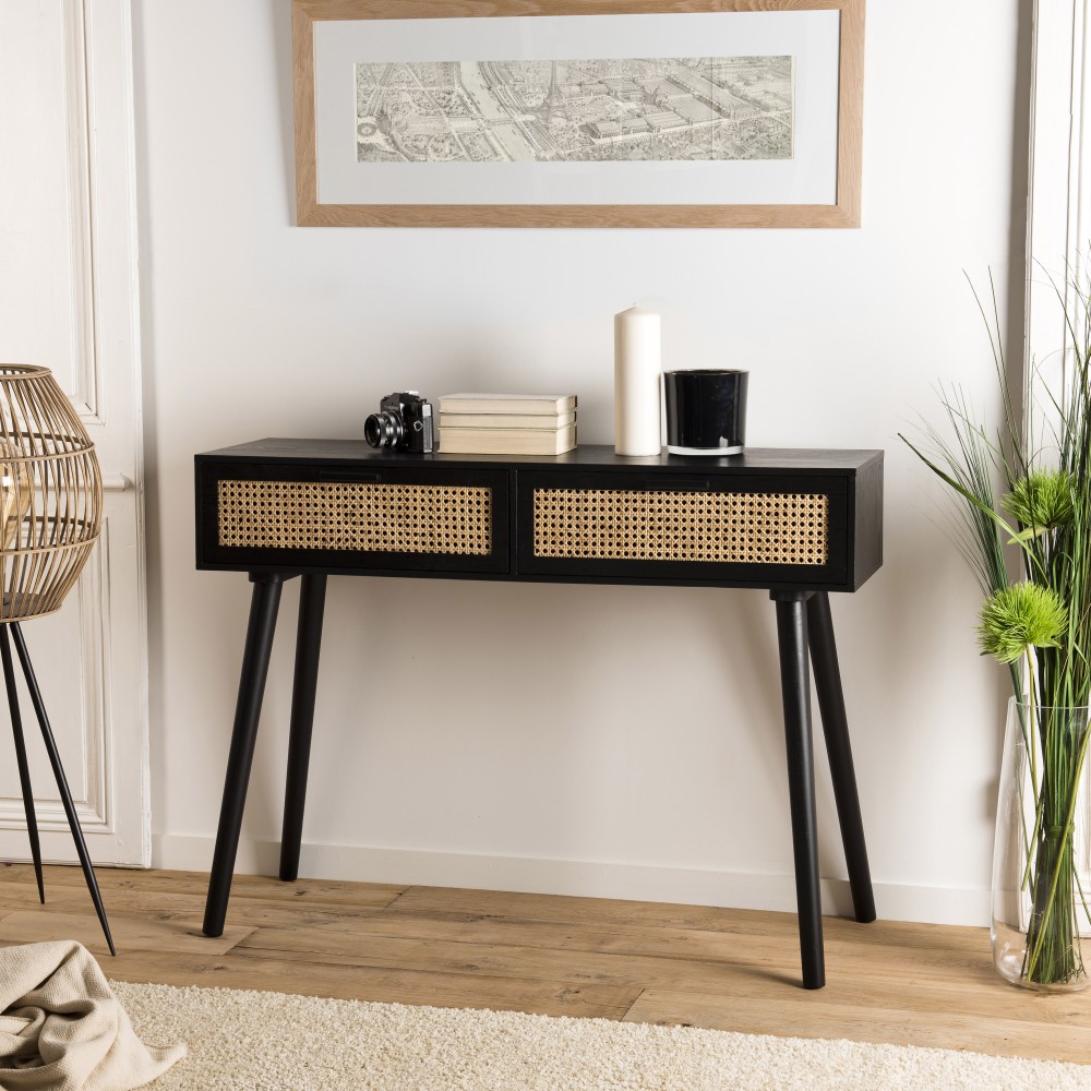SECOND-HAND - Black wooden console table with 2 drawers and cane detailing