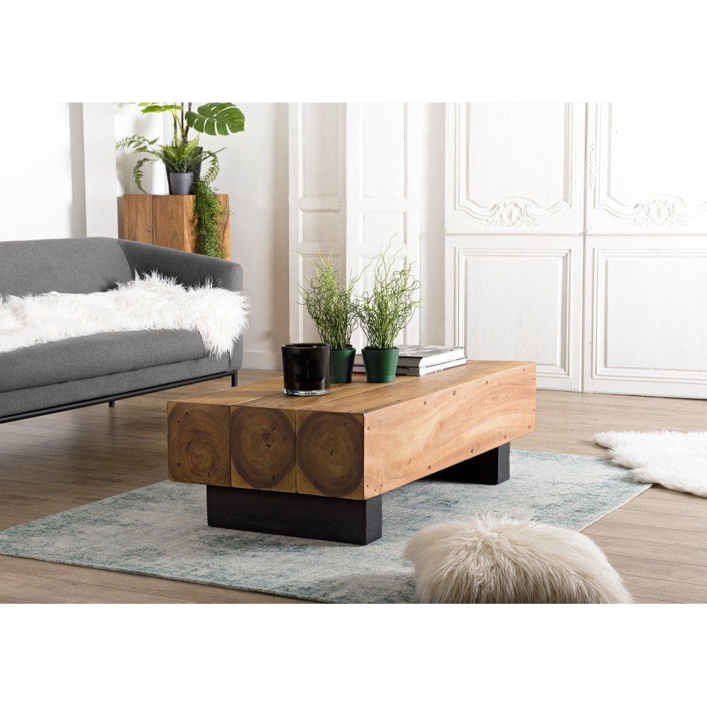 Table basse poutres 120x60cm bois Suar pieds noirs | Seconde Main