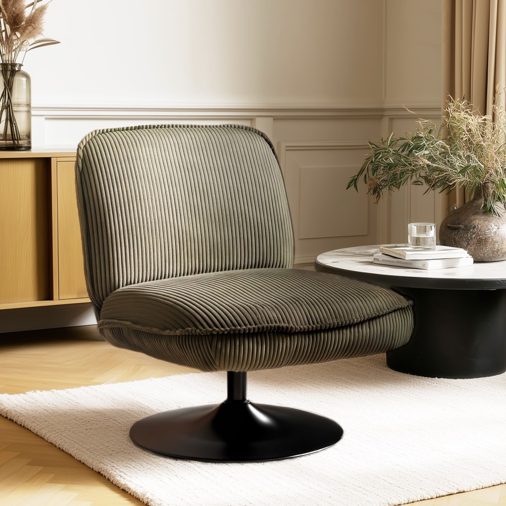 Fauteuil pivotant en tissu velours côtelé vert | Meubles Macabane