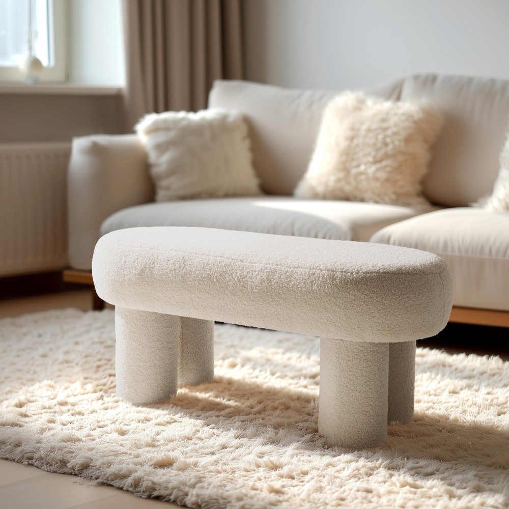 White bouclé fabric bench L105cm | Macabane Furniture