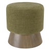 Round pouffe in green fabric with wooden base, D41cm | Macabane Furniture