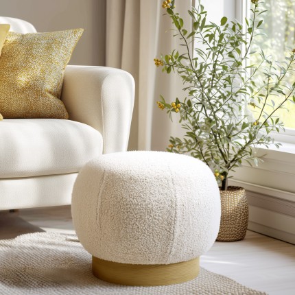 Round pouffe in white bouclé fabric D47cm | Agathe Collection