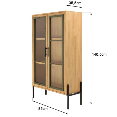 2-door glass-fronted sideboard in pine green and black metal - SECOND-HAND