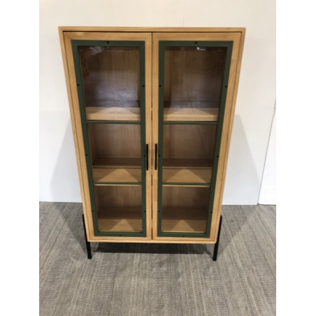 2-door glass-fronted sideboard in pine green and black metal - SECOND-HAND