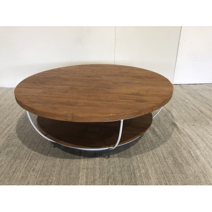 Double-tier coffee table, 100x100cm, recycled teak and white metal | SECOND-HAND