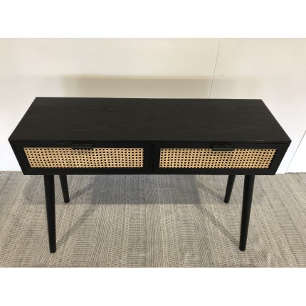 SECOND-HAND - Black wooden console table with 2 drawers and cane detailing