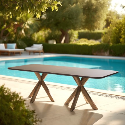 240x100cm brown concrete-effect dining table with acacia wood legs | Macabane