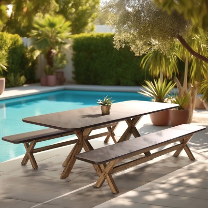 Ensemble table et bancs effet béton marron pieds en bois d'acacia | Macabane