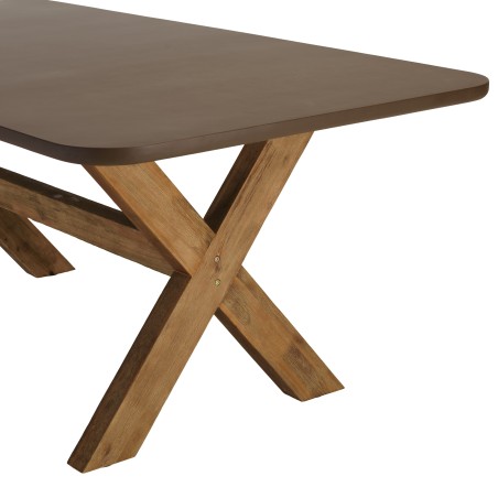 Ensemble table et bancs effet béton marron pieds en bois d'acacia | Macabane
