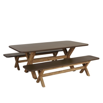 Brown concrete-effect table and bench set with acacia wood legs | Macabane