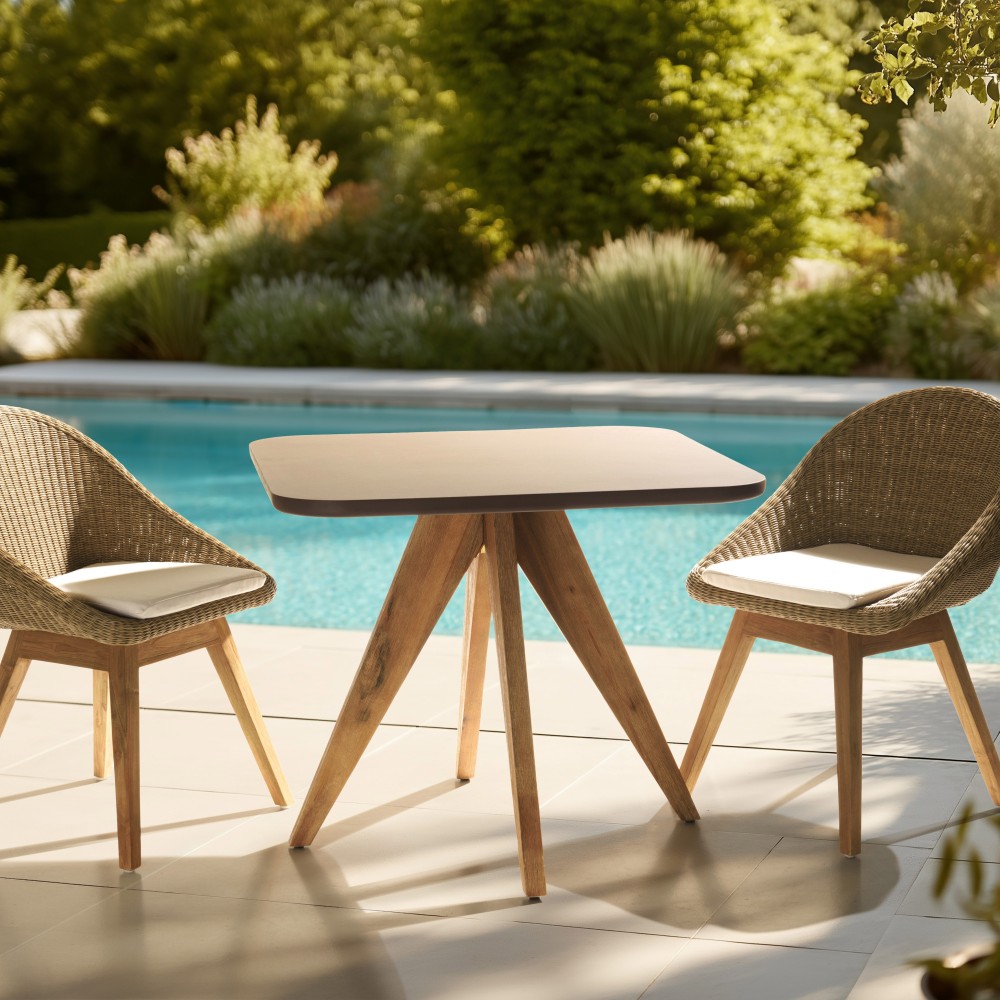 90x90cm square dining table with a brown concrete-effect top and acacia wood legs | Macabane Furniture