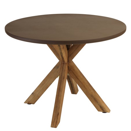 Round brown concrete-effect dining table with acacia wood legs, 100cm diameter | Macabane