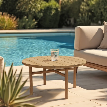 Round garden coffee table made from recycled teak | Macabane Furniture