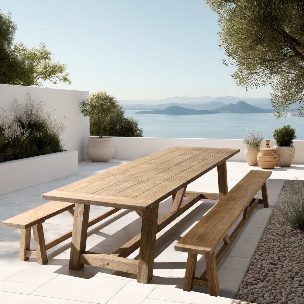 Garden furniture set with table and benches made from recycled teak | Macabane Furniture