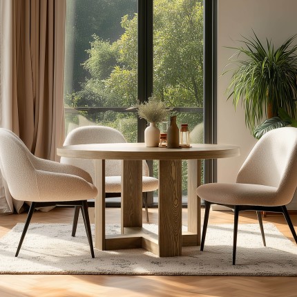 Round dining table in natural-coloured wood | Macabane Furniture0