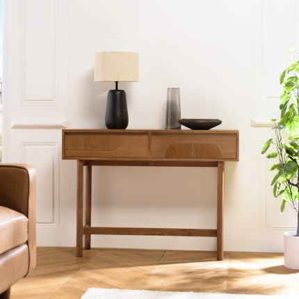 Natural-coloured wooden console table with 2 drawers - Macabane Furniture