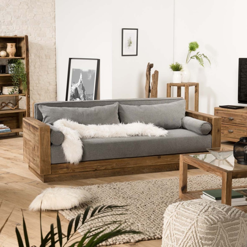 SECOND HAND - 3-Seater Sofa in Brown Recycled Pine with Grey Fabric