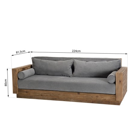 SECOND HAND - 3-Seater Sofa in Brown Recycled Pine with Grey Fabric