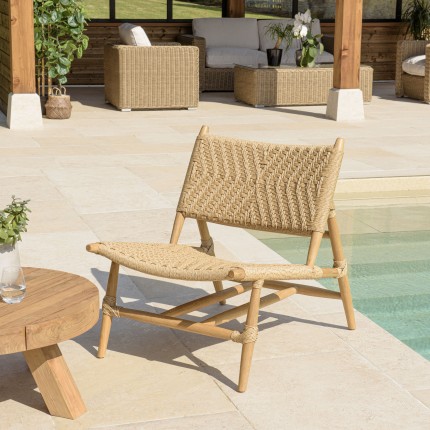 SECOND-HAND - Set of 2 teak and rattan garden lounge chairs with a textured finish