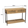 SECONDE MAIN - Console bois marron 2 tiroirs 1 étagère cannage pieds métal