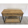 SECONDE MAIN - Console bois marron 2 tiroirs 1 étagère cannage pieds métal