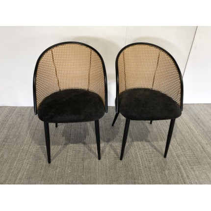 SECOND-HAND - 2 black fabric armchairs with rounded backs and cane effect