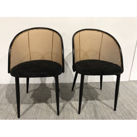 SECOND-HAND - 2 black fabric armchairs with rounded backs and cane effect