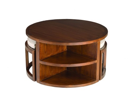 Table basse ronde LAUREN - Bois Mindi - 2 tabourets