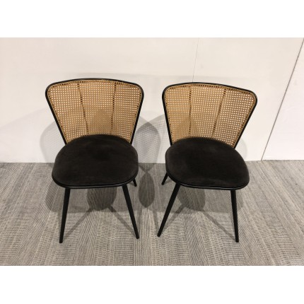 LEA Set of 2 Chairs - Black Fabric Seat & Cane-Effect Backrest
