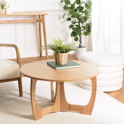 Round coffee table D80 with decorative finish and natural oak openwork base - Second Hand