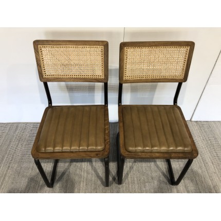 2 chaises cuir dossier bois de manguier / rotin - Seconde main