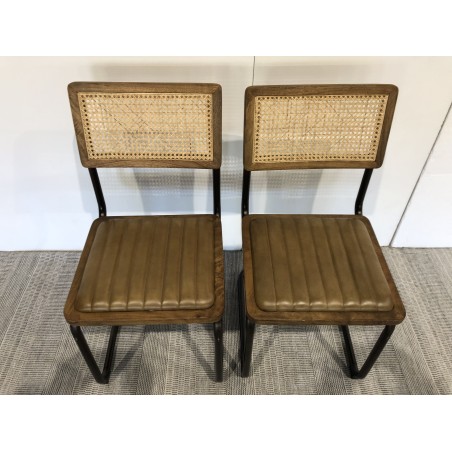 2 chaises cuir dossier bois de manguier / rotin - Seconde main
