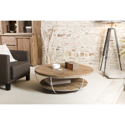 Table basse double plateau 100x100cm teck recyclé métal blanc | SECONDE MAIN