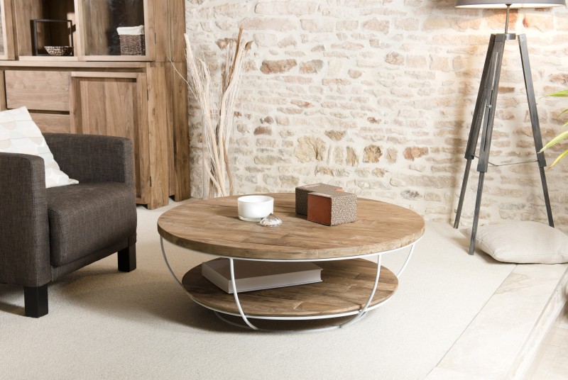 Double-tier coffee table, 100x100cm, recycled teak and white metal | SECOND-HAND