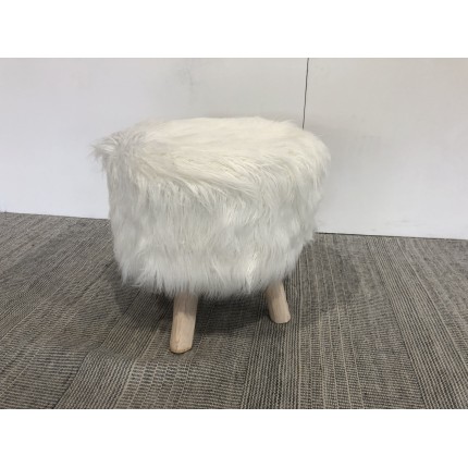 Round Stool 40x40cm Ivory Sheepskin with Wooden Legs - Second Hand