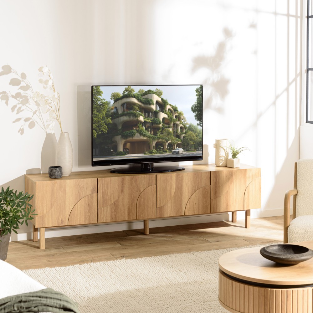 Meuble TV couleur naturelle 4 portes décor motif arrondi - Seconde Main