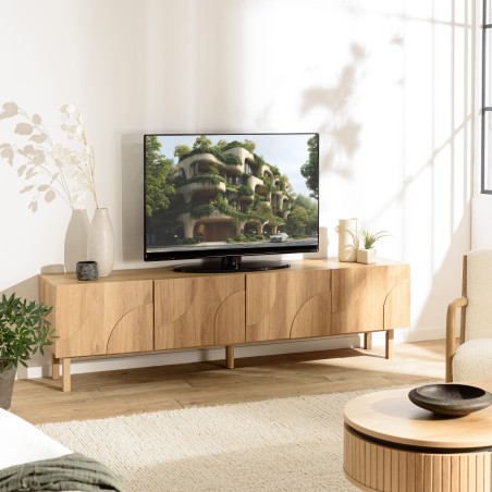 Meuble TV couleur naturelle 4 portes décor motif arrondi - Seconde Main