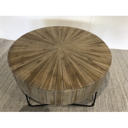 SECONDE MAIN - Table basse ronde 90x90cm bois Teck naturel pieds épingles scandi métal noir