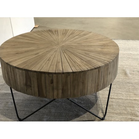SECONDE MAIN - Table basse ronde 90x90cm bois Teck naturel pieds épingles scandi métal noir