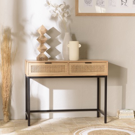 SECONDE MAIN - Console 2 tiroirs cannage naturel