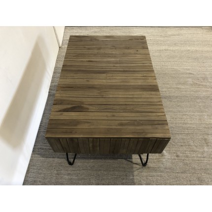 SECONDE MAIN - Table basse rectangulaire 2 tiroirs branches bois Teck naturel - pieds épingles scandi métal
