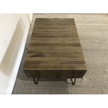 SECONDE MAIN - Table basse rectangulaire 2 tiroirs branches bois Teck naturel - pieds épingles scandi métal