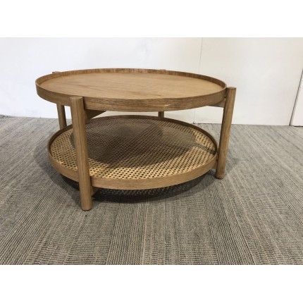 Table basse en bois 80.5cm avec tablette en rotin | Seconde Main